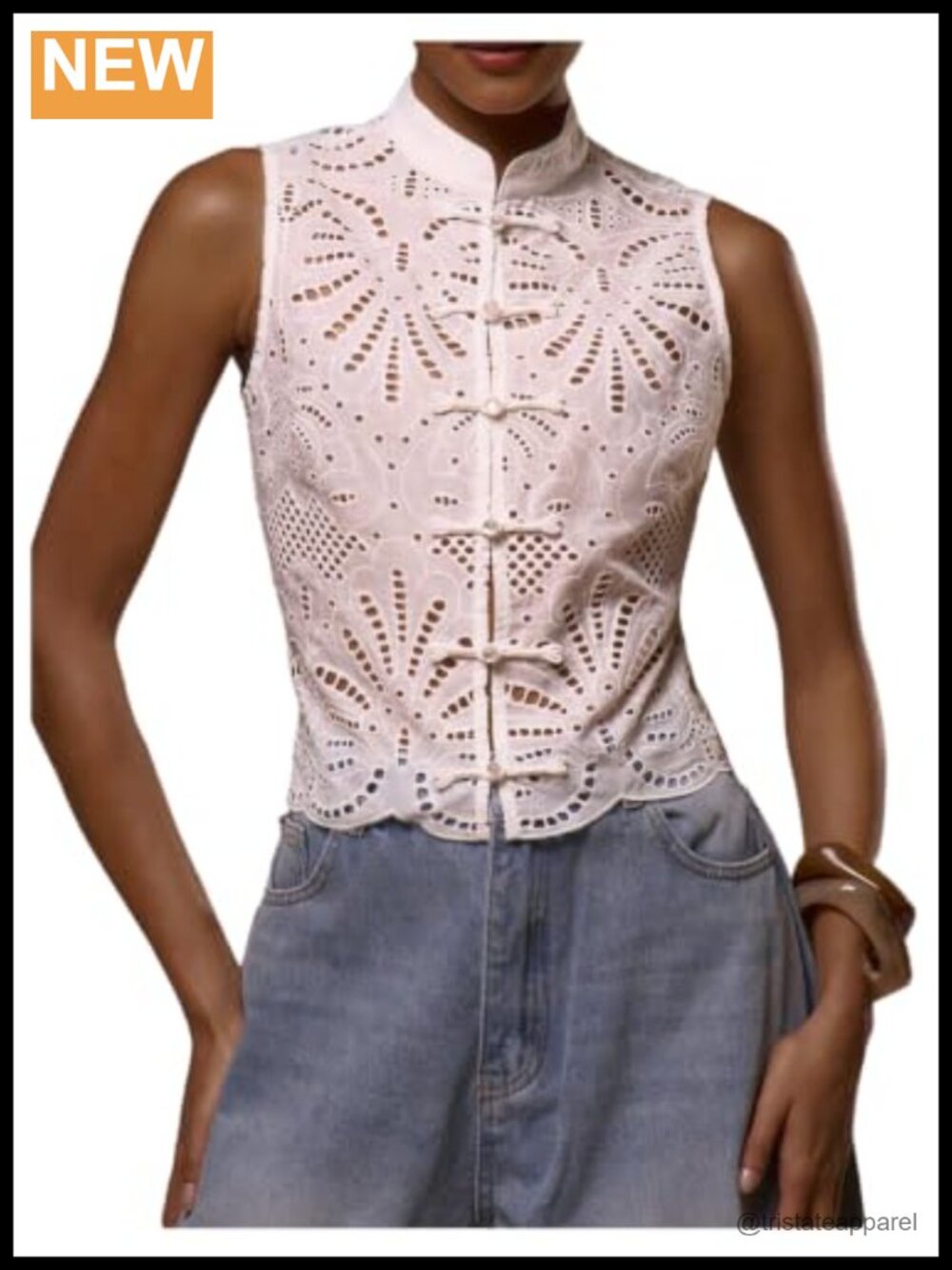 Women's Eyelet Embroidered Mandarin Collar Crop Tank Top Sleeveless Frog Button